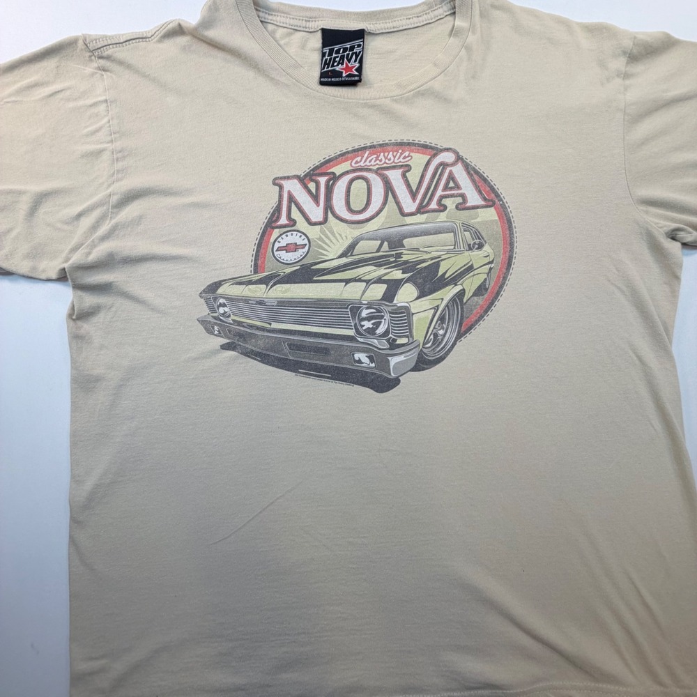 Chevrolet Nova Graphic T Shirt Large Beige‎ Classic Muscle Car Top Heavy USA
